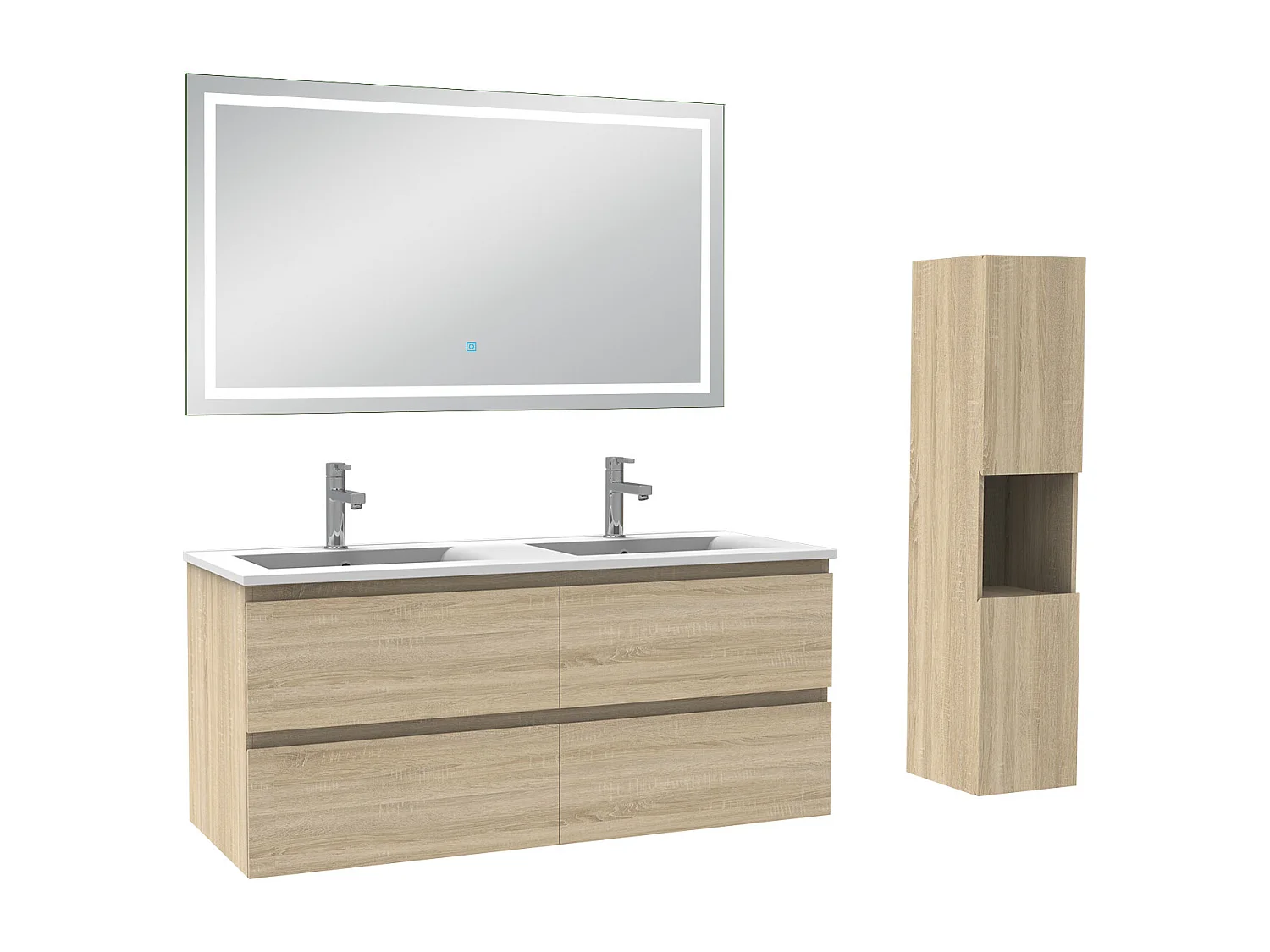 Ensemble meuble salle de Bain 120cm avec colonne et miroir 3 couleurs Chêne Wotan