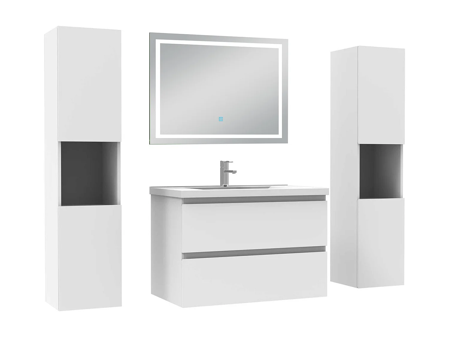 Ensemble meubles Salle de Bain 80cm avec colonne et miroir lumineux 3 couleurs et dimmable blanc