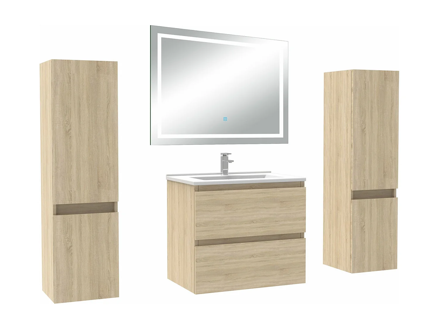 Ensemble meubles Salle de Bain 60cm avec colonne et miroir lumineux 3 couleurs Chêne Wotan