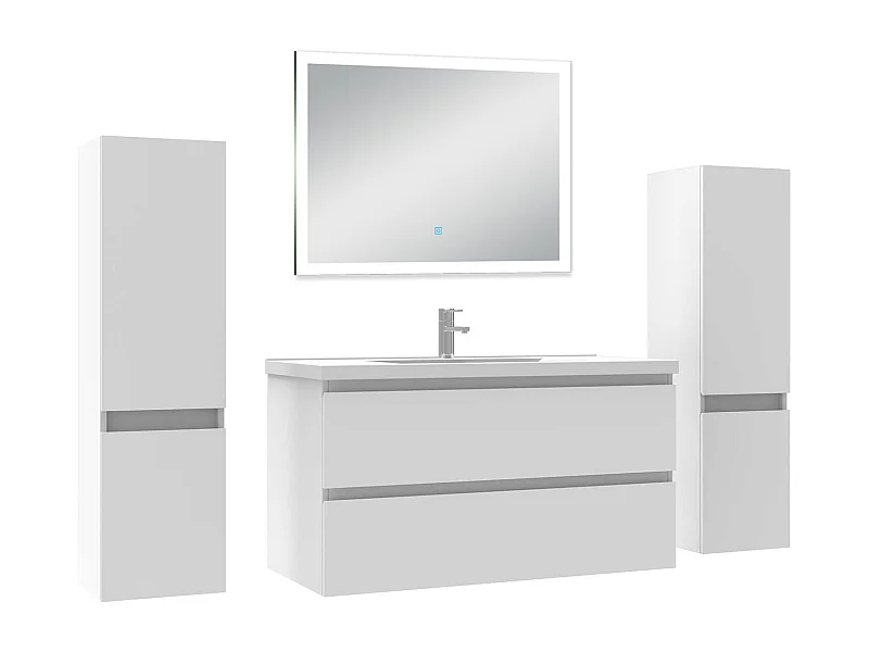 Ensemble meuble Salle de Bain 100cm avec colonne et miroir lumineux dimmable blanc