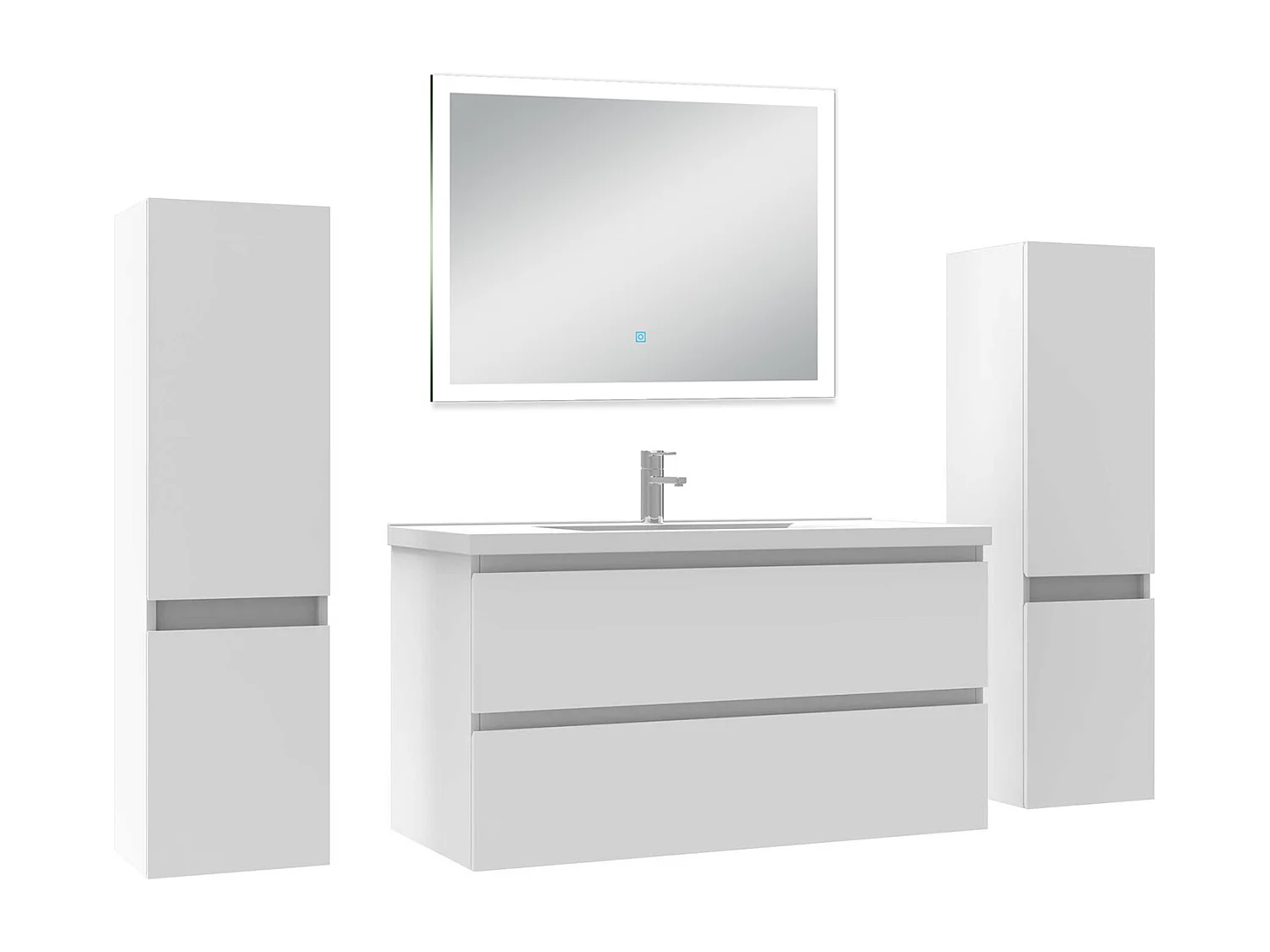 Ensemble meuble Salle de Bain 100cm avec colonne et miroir lumineux dimmable blanc