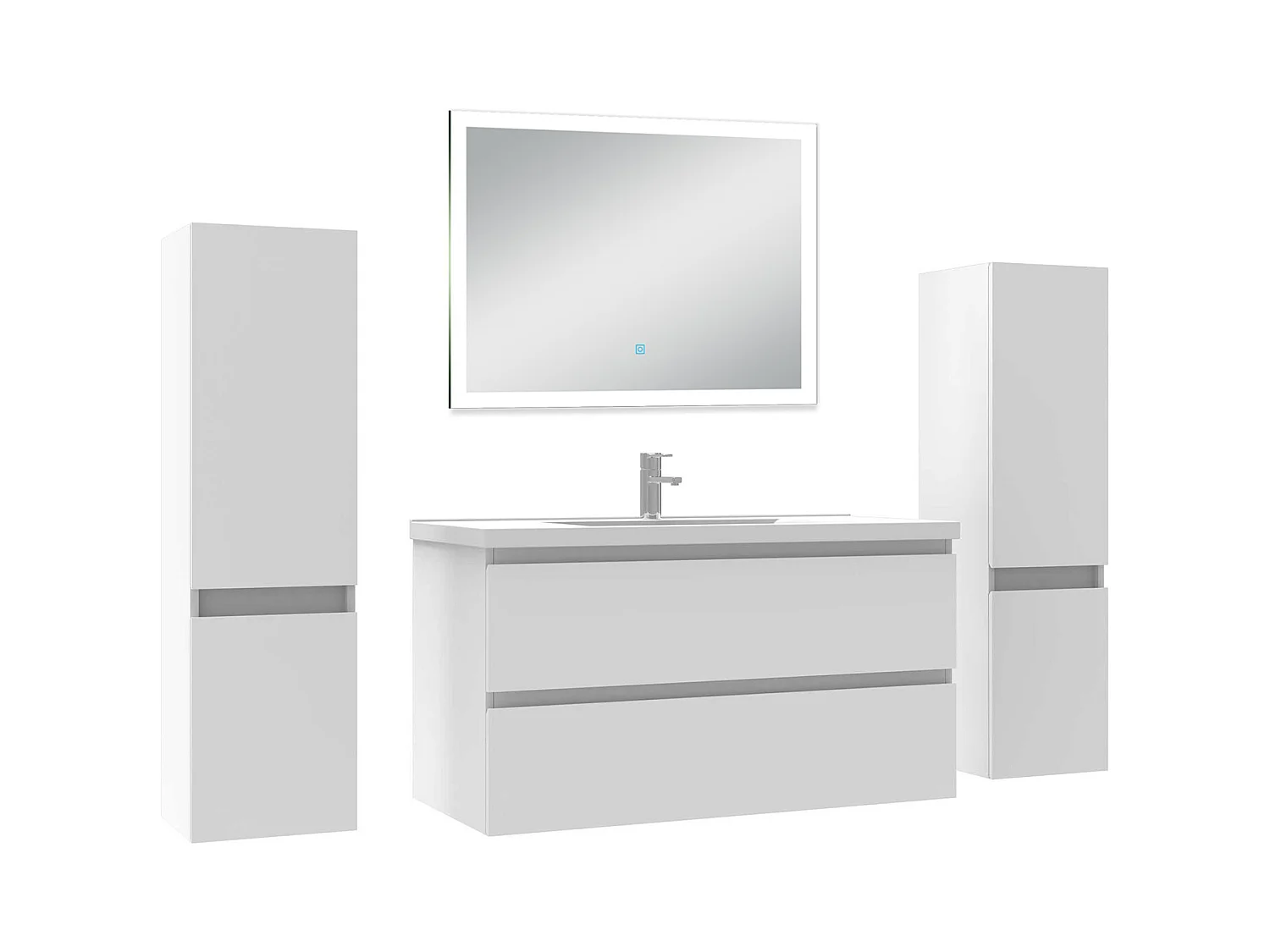 Ensemble meuble Salle de Bain 100cm avec colonne et miroir lumineux dimmable blanc
