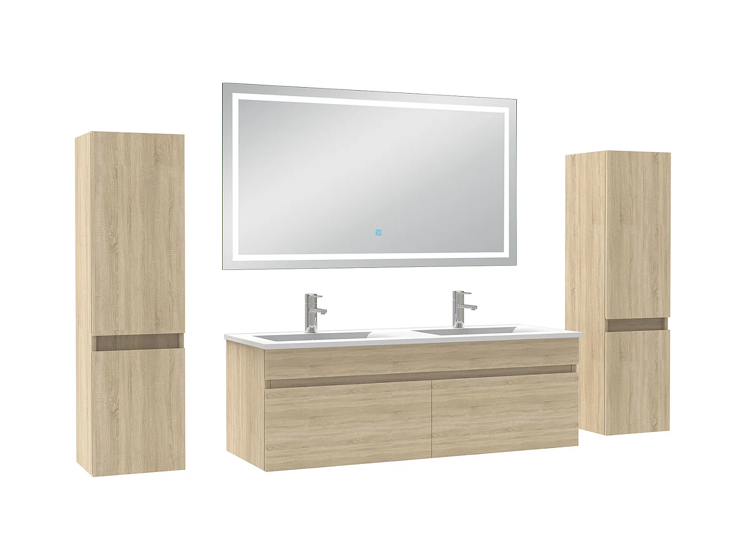 Ensemble meubles Salle de Bain 120cm avec colonne + miroir lumineux 3 couleurs Chêne Wotan