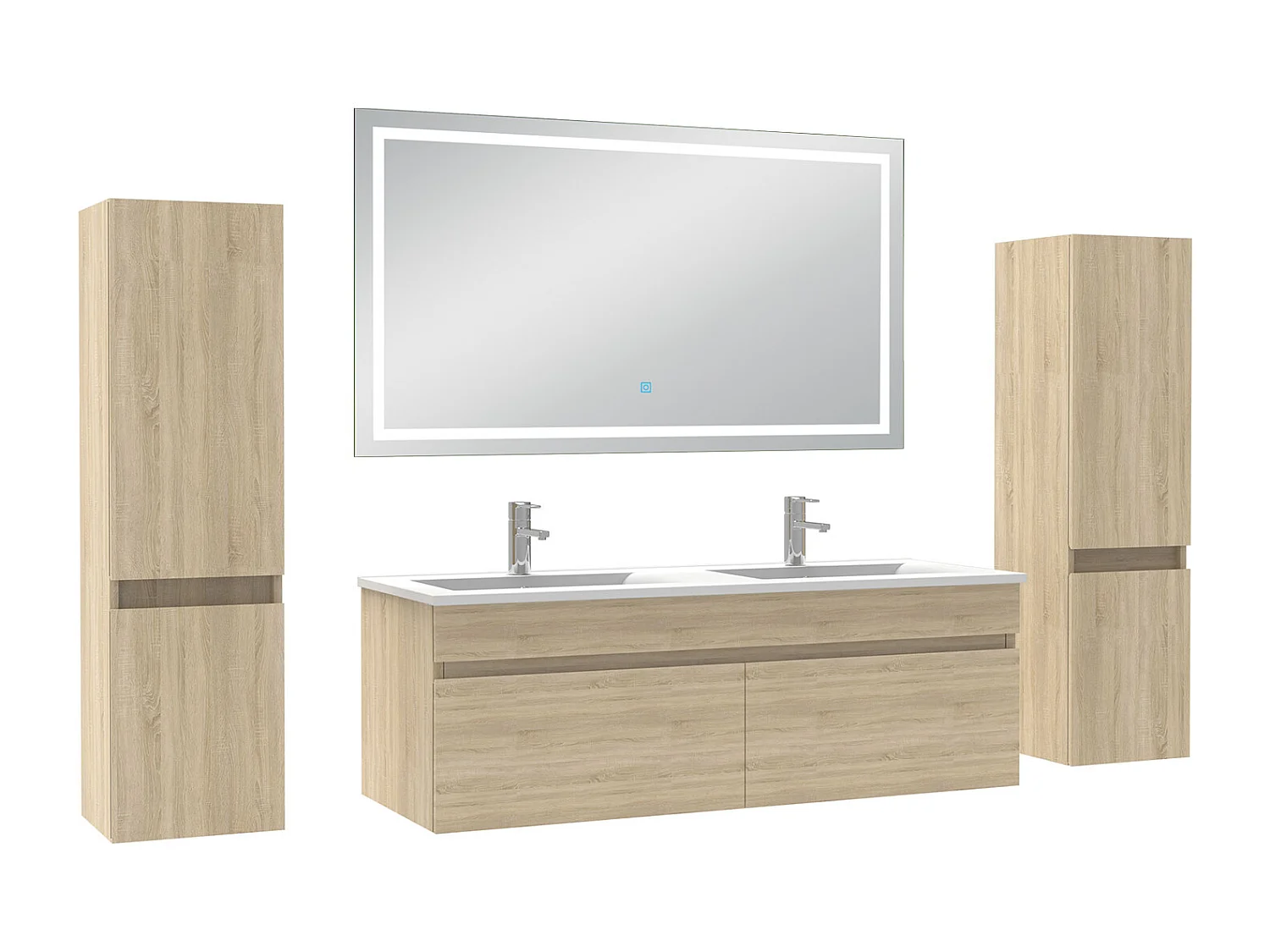 Ensemble meubles Salle de Bain 120cm avec colonne + miroir lumineux 3 couleurs Chêne Wotan
