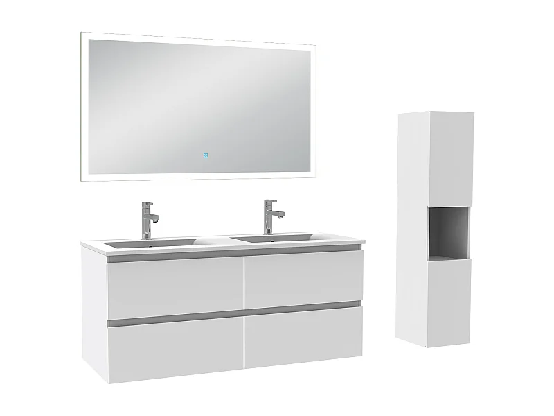 Ensemble meuble Salle de Bain 120cm avec vasque et colonne et miroir lumineux dimmable blanc