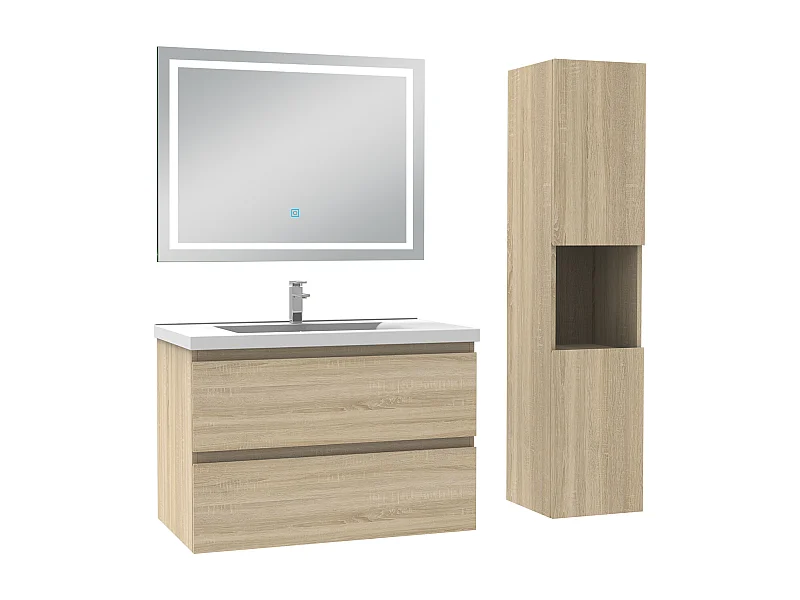Ensemble meuble salle de Bain 80cm avec colonne et miroir 3 couleurs Chêne Wotan