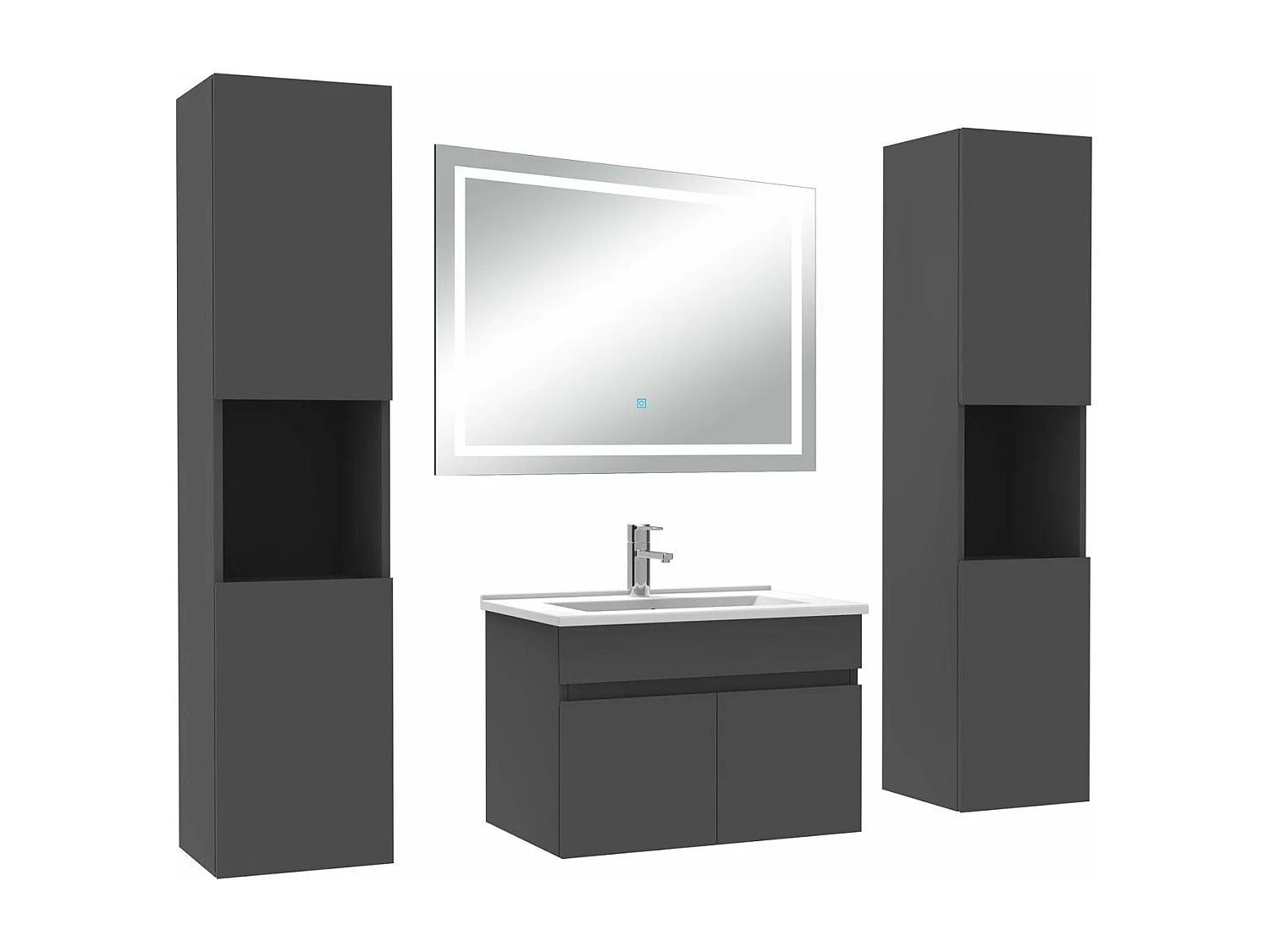 Ensemble meubles Salle de Bain 60cm avec colonne + miroir lumineux 3 couleurs + dimmable Anthracite