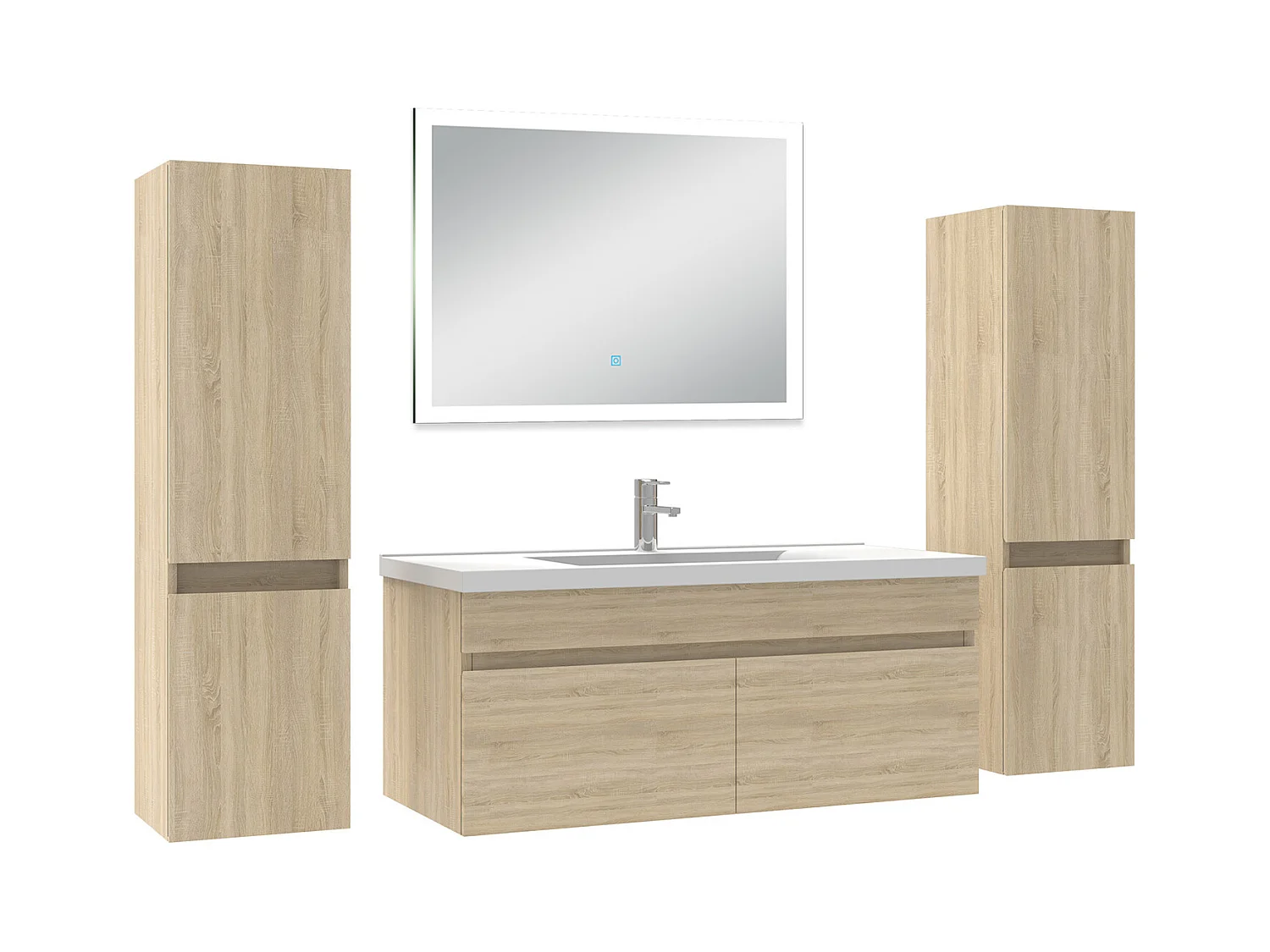Ensemble meuble Salle de Bain 100cm avec colonne et miroir lumineux dimmable mural chêne wotan