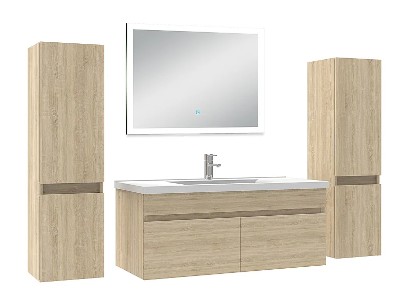 Ensemble meuble Salle de Bain 100cm avec colonne et miroir lumineux dimmable mural chêne wotan