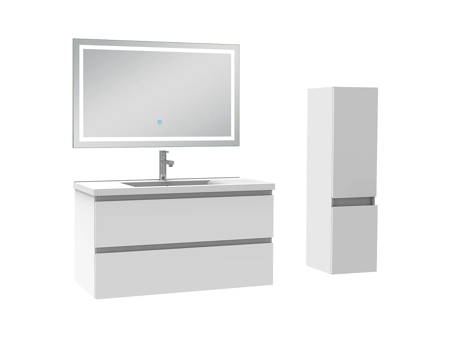 Ensemble meuble salle de Bain 100cm simple vasque avec colonne et miroir 3 couleurs blanc