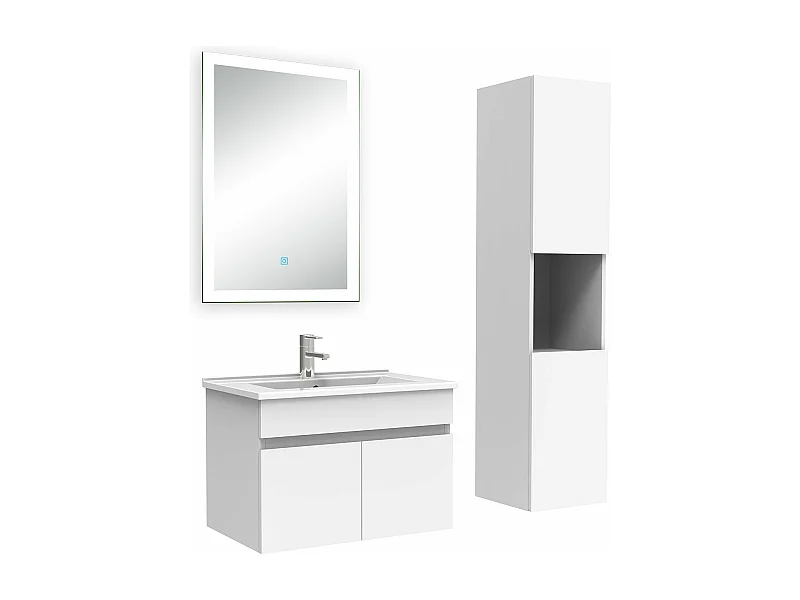 Ensemble meuble Salle de Bain 60cm avec vasque + colonne + miroir lumineux dimmable blanc