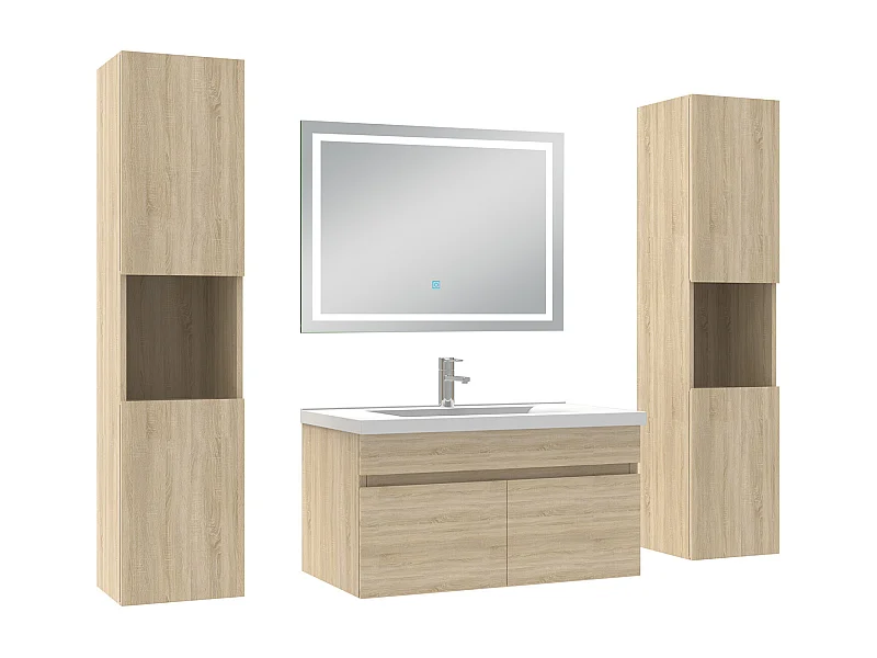 Ensemble meubles Salle de Bain 80cm avec colonne + miroir lumineux 3 couleurs + dimmable Chêne Wotan