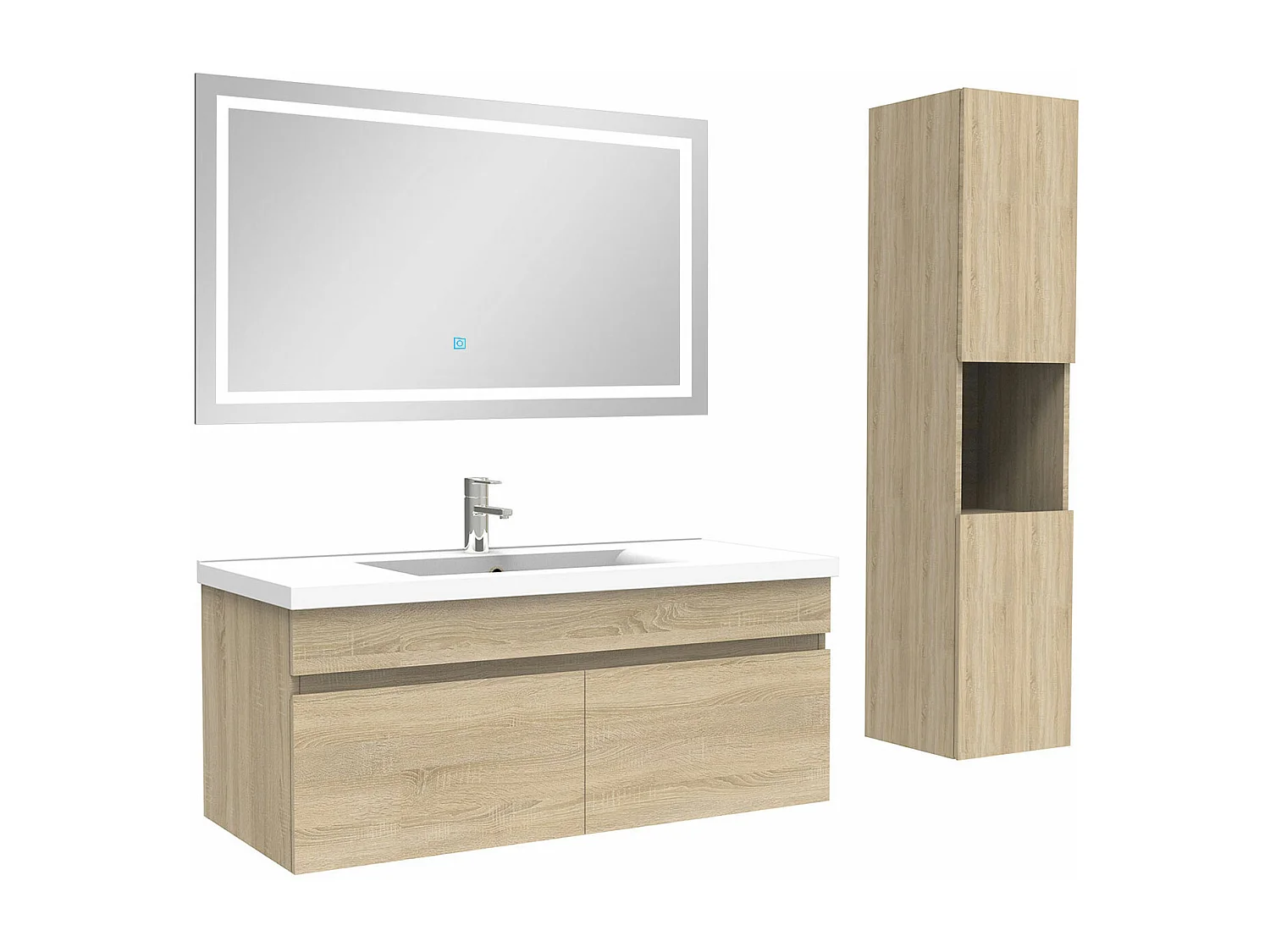 Ensemble meuble salle de Bain 100cm avec colonne + miroir 3 couleurs Chêne Wotan