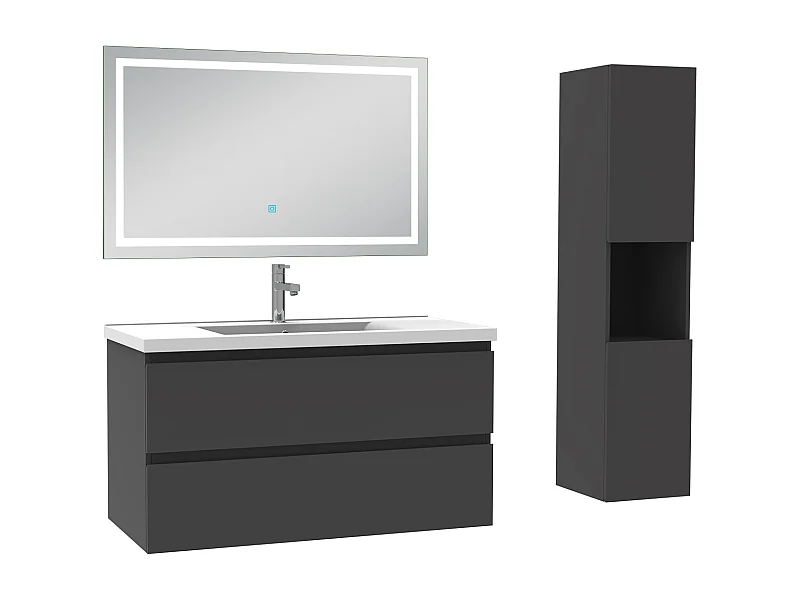 Ensemble meuble salle de Bain 100cm avec colonne et miroir 3 couleurs Anthracite