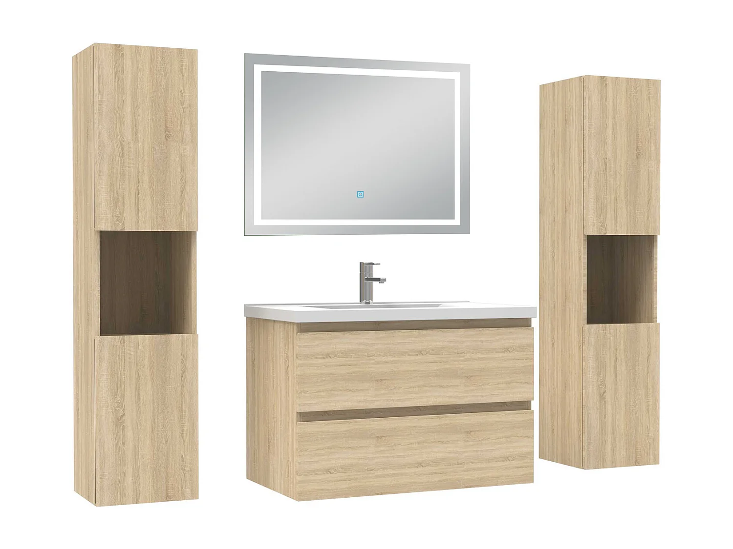 Ensemble meubles Salle de Bain 80cm avec colonne et miroir lumineux 3 couleurs et dimmable Chêne Wotan