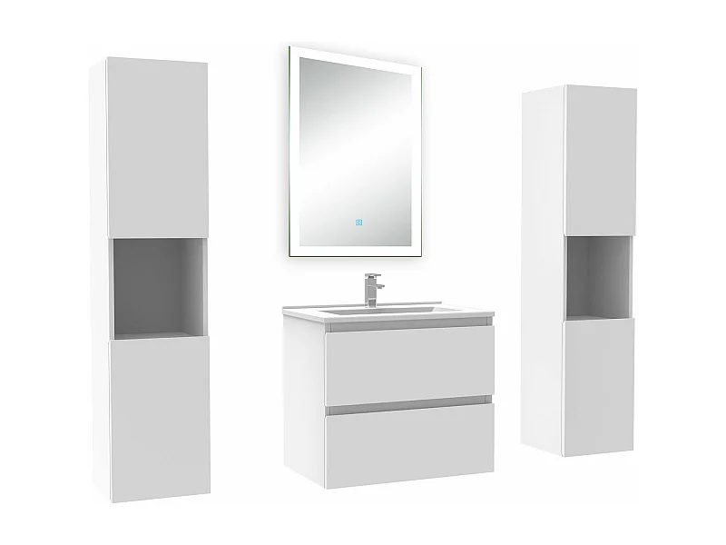 Ensemble meuble Salle de Bain 60cm avec colonne + miroir lumineux dimmable blanc