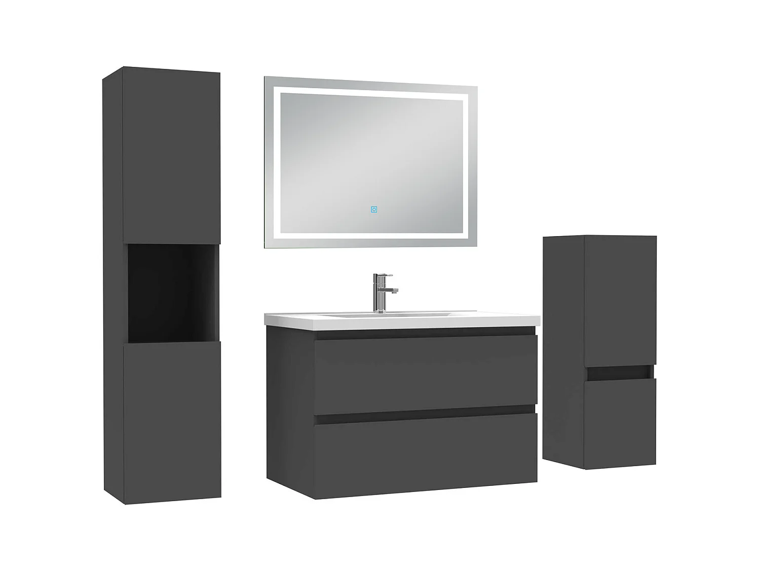 Ensemble meuble salle de Bain 80cm avec colonne et miroir mural lumineux 3 couleurs Anthracite