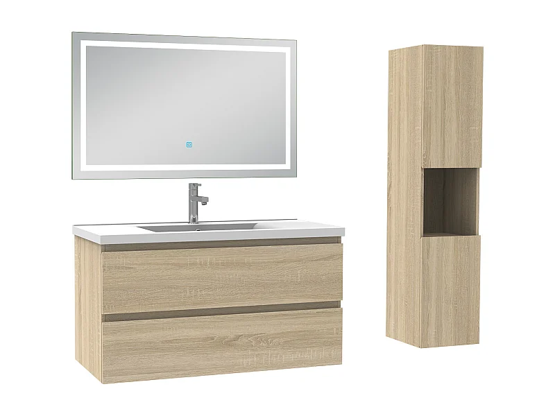 Ensemble meuble salle de Bain 100cm avec colonne et miroir 3 couleurs Chêne Wotan