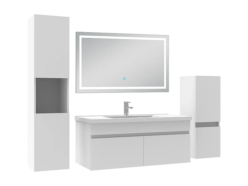 Ensemble meuble salle de Bain 100cm avec colonne + miroir mural lumineux 3 couleurs blanc