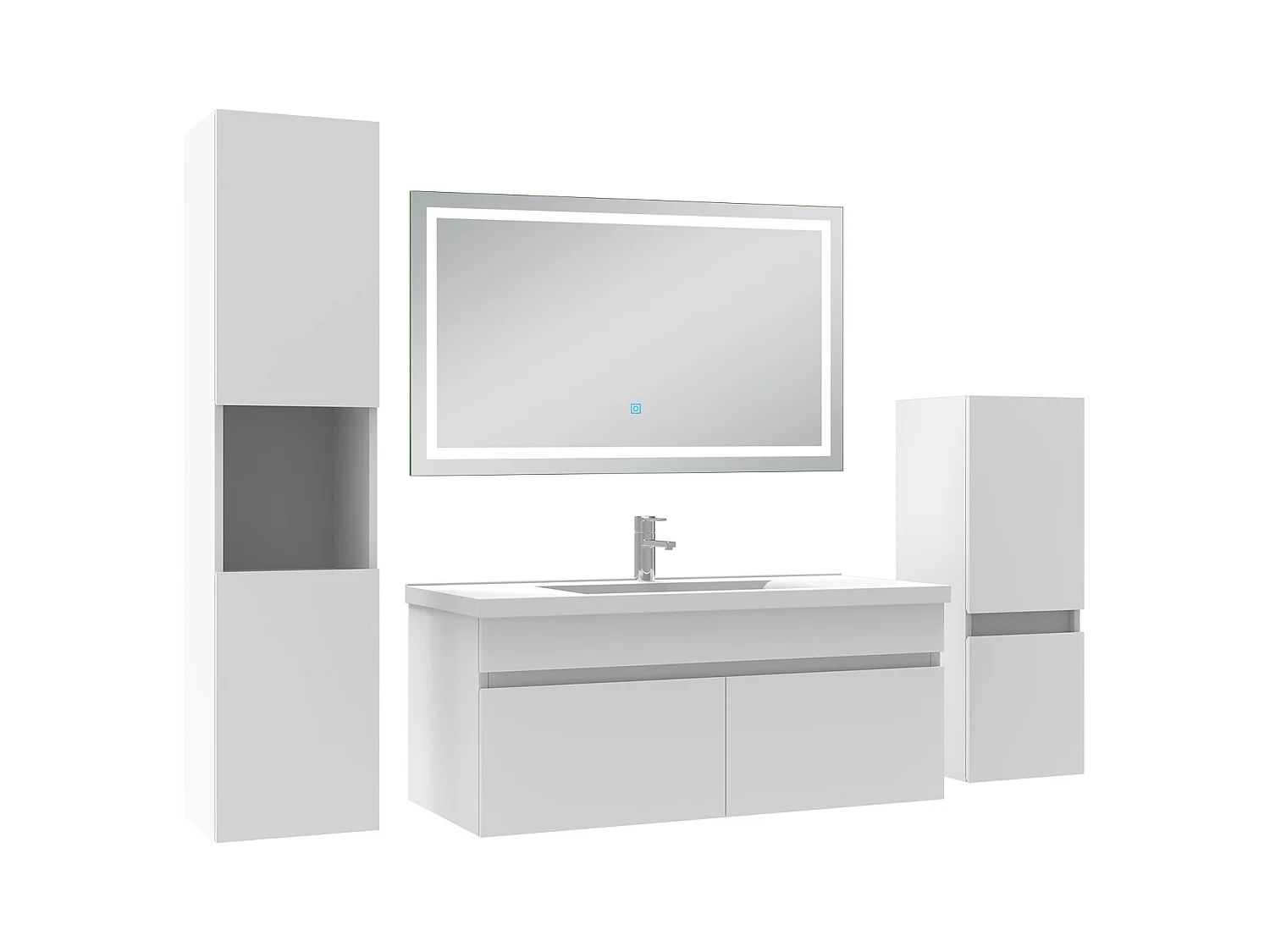 Ensemble meuble salle de Bain 100cm avec colonne + miroir mural lumineux 3 couleurs blanc