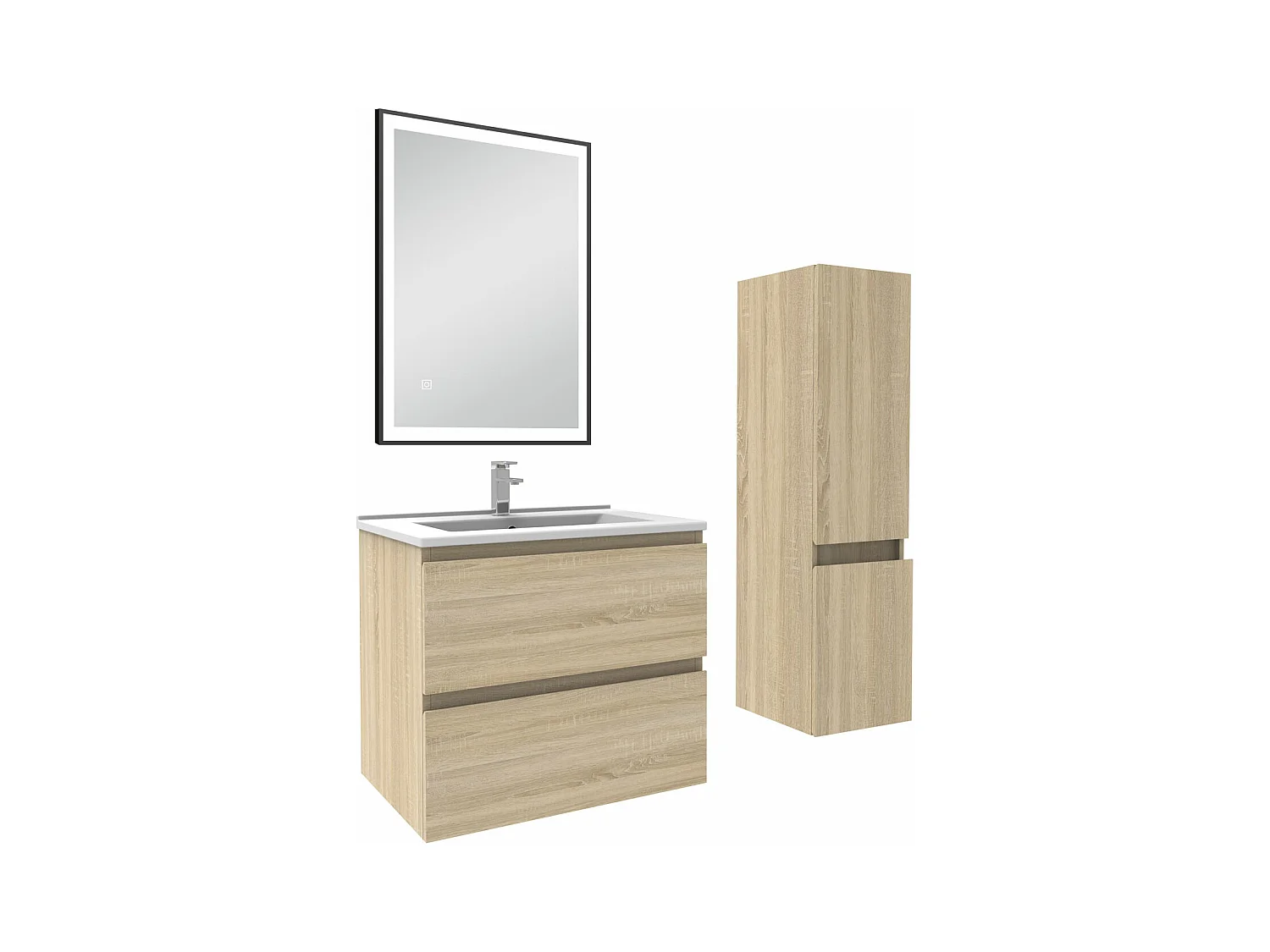 Meuble salle de Bain 60cm simple vasque avec colonne et miroir 3 couleurs Chêne Wotan