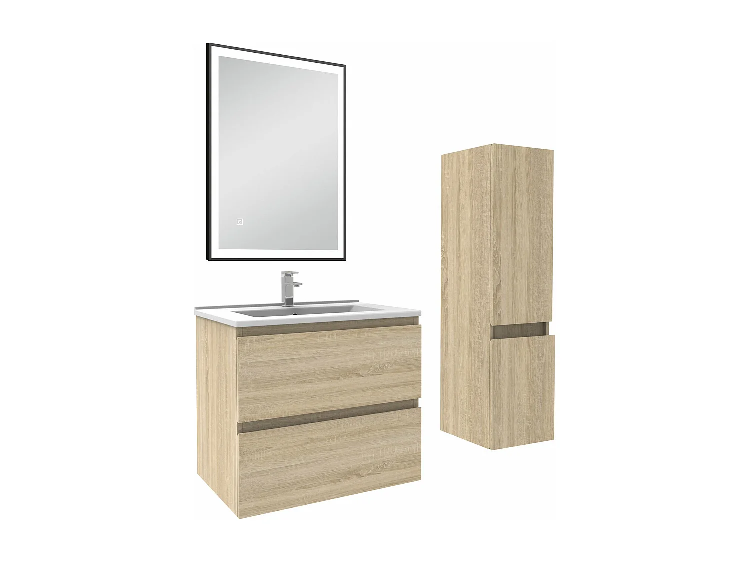 Meuble salle de Bain 60cm simple vasque avec colonne et miroir 3 couleurs Chêne Wotan