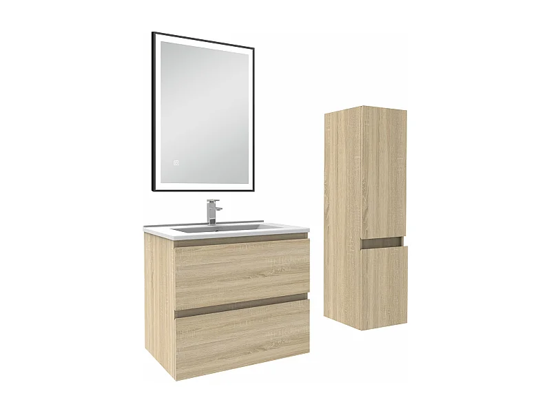 Meuble salle de Bain 60cm simple vasque avec colonne et miroir 3 couleurs Chêne Wotan