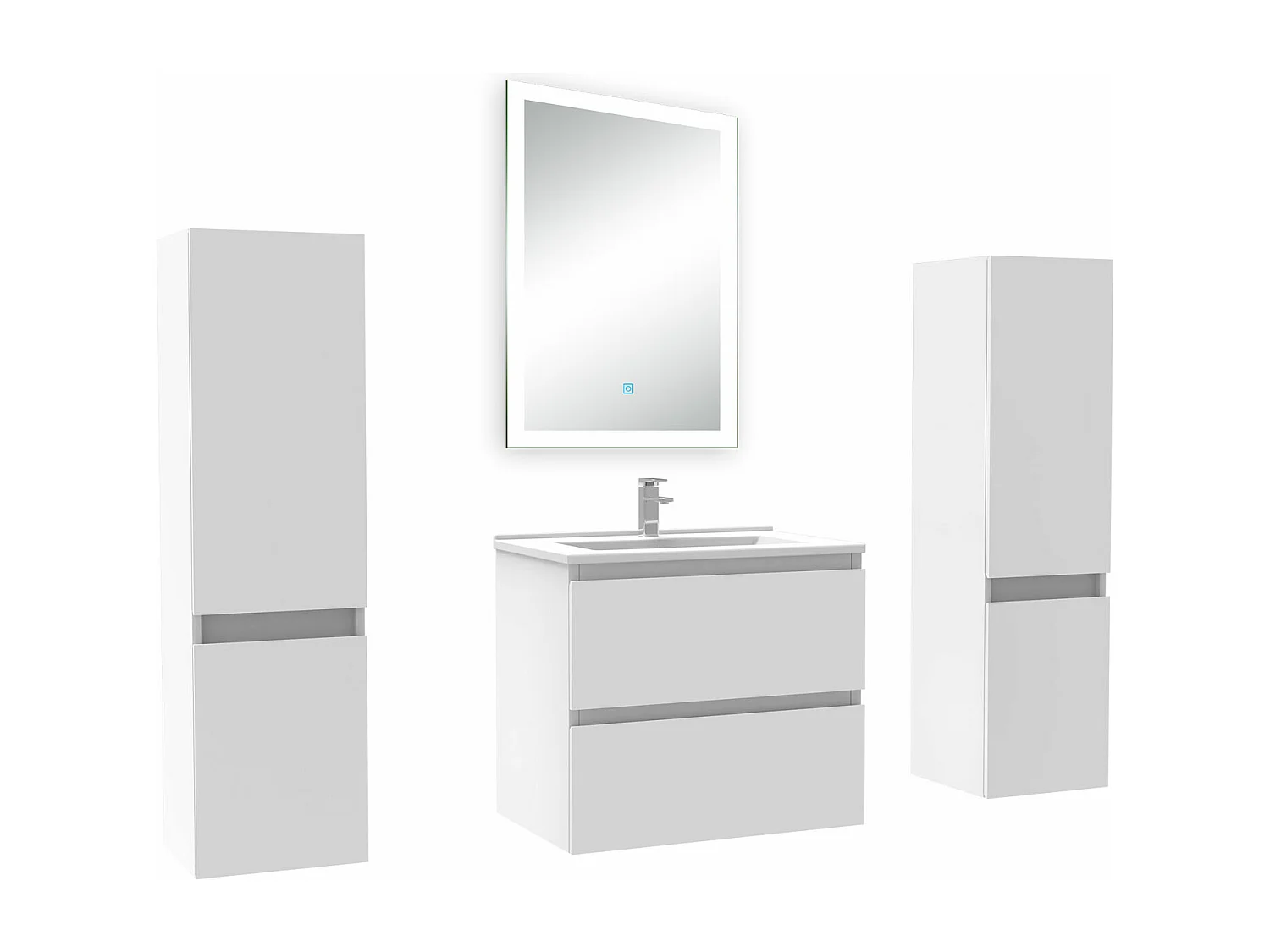 Ensemble meuble Salle de Bain 60cm avec colonne et miroir lumineux dimmable blanc