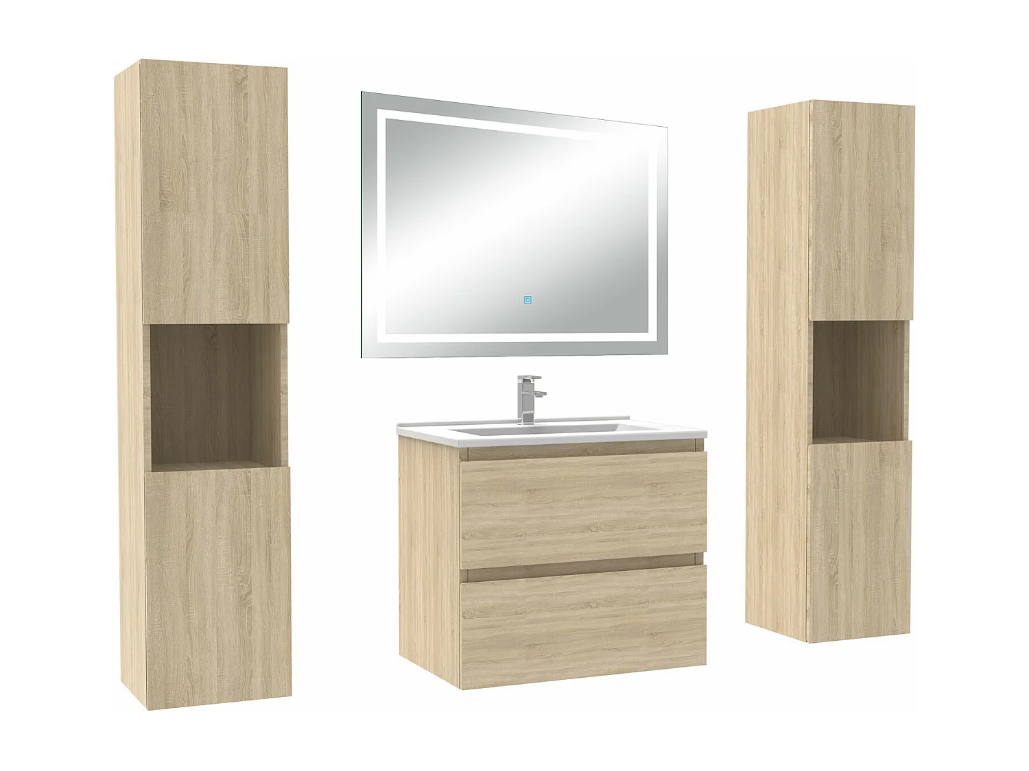 Ensemble meubles Salle de Bain 60cm avec colonne et miroir lumineux 3 couleurs et dimmable Chêne Wotan