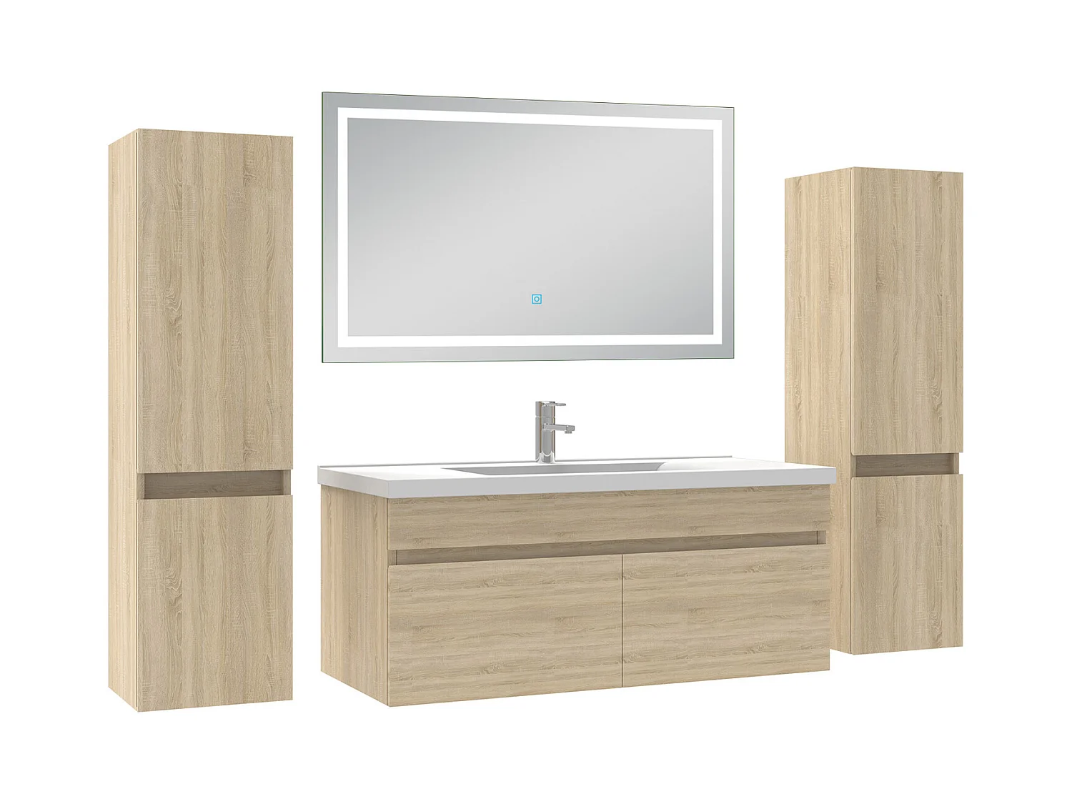 Ensemble meubles Salle de Bain 100cm avec colonne + miroir lumineux 3 couleurs Chêne Wotan