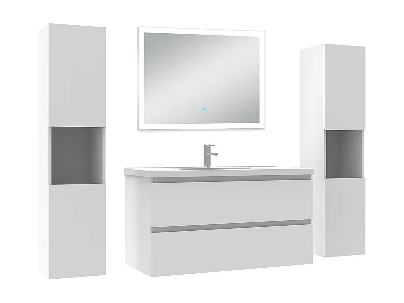 Ensemble meuble Salle de Bain 100cm avec colonne + miroir lumineux dimmable blanc