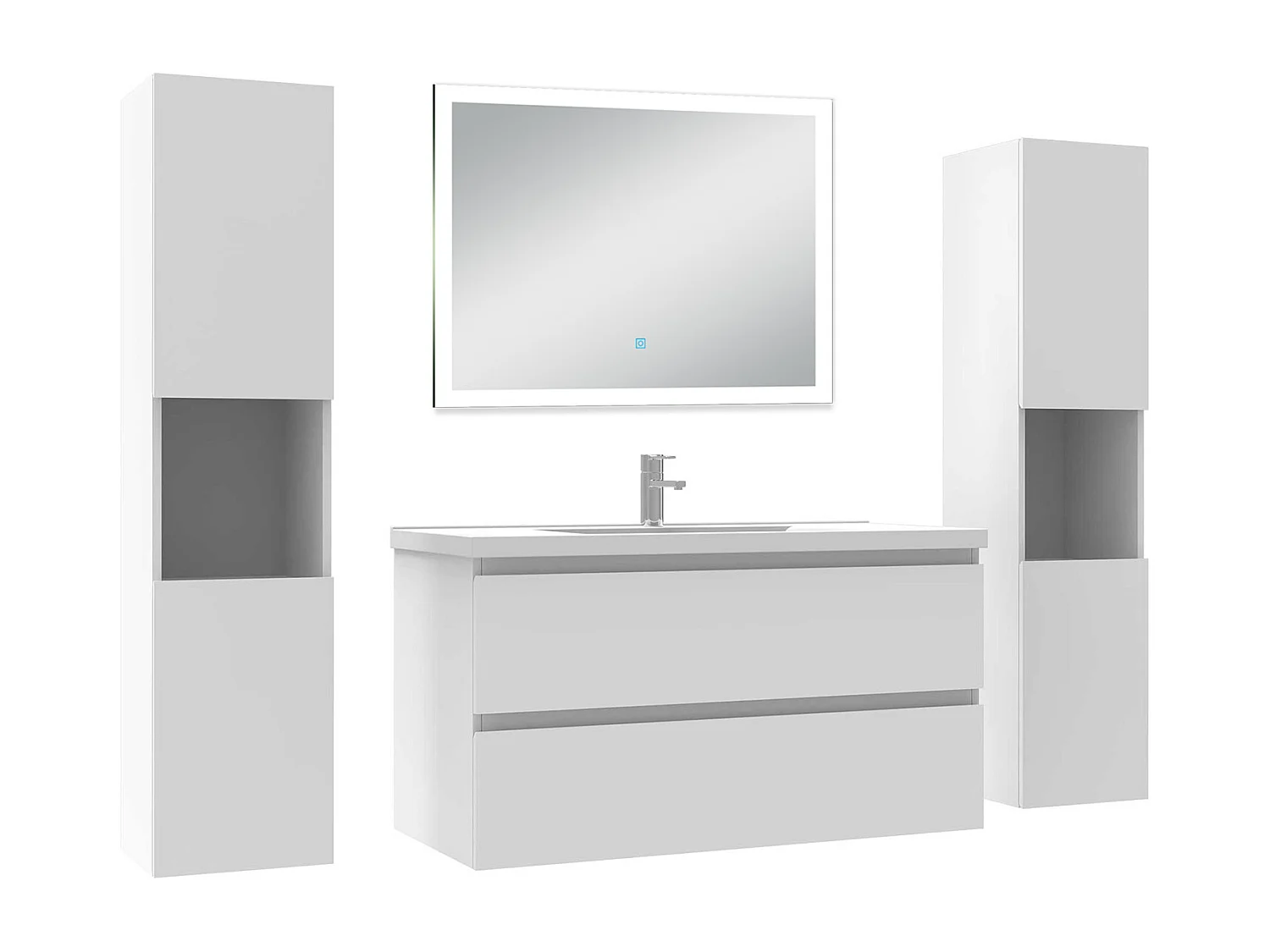 Ensemble meuble Salle de Bain 100cm avec colonne + miroir lumineux dimmable blanc