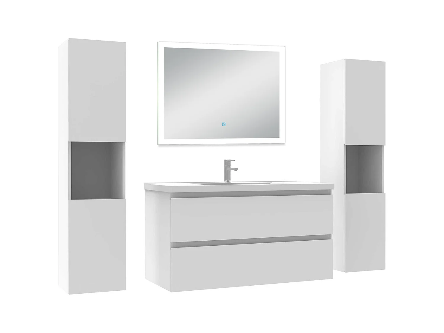 Ensemble meuble Salle de Bain 100cm avec colonne + miroir lumineux dimmable blanc