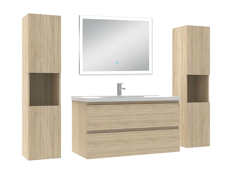 Ensemble meuble Salle de Bain 100cm avec colonne + miroir lumineux dimmable chêne wotan