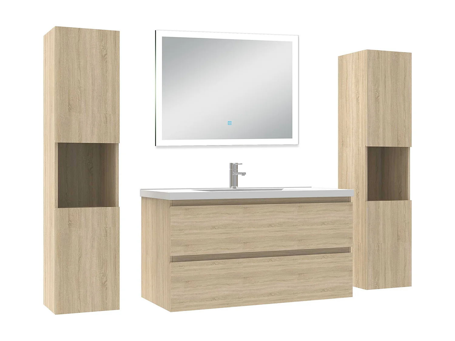 Ensemble meuble Salle de Bain 100cm avec colonne + miroir lumineux dimmable chêne wotan
