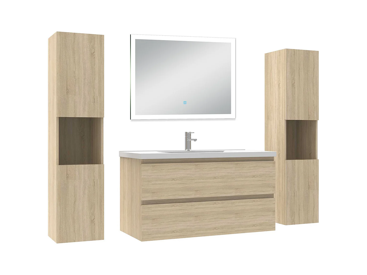 Ensemble meuble Salle de Bain 100cm avec colonne + miroir lumineux dimmable chêne wotan