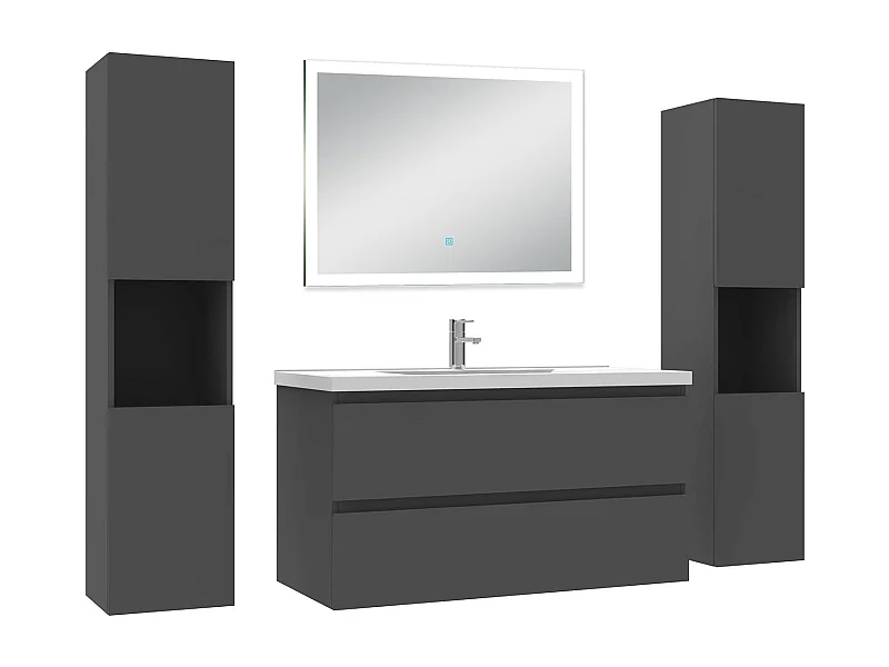 Ensemble meuble Salle de Bain 100cm avec colonne + miroir lumineux dimmable anthracite