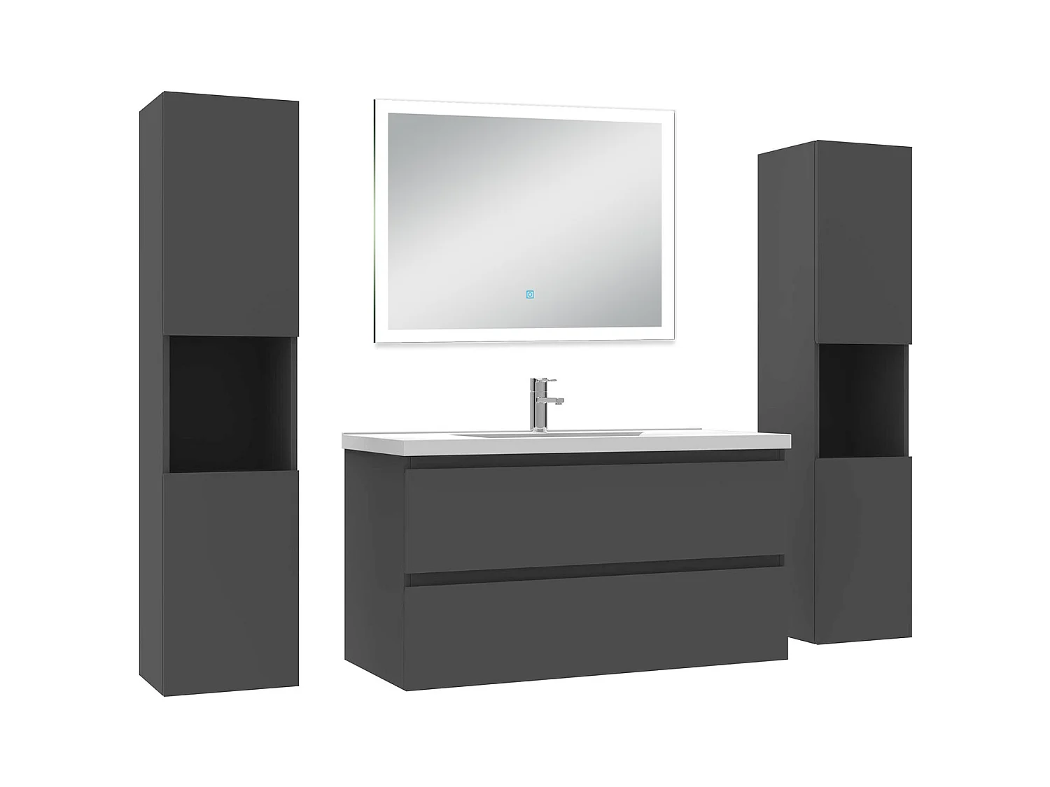 Ensemble meuble Salle de Bain 100cm avec colonne + miroir lumineux dimmable anthracite