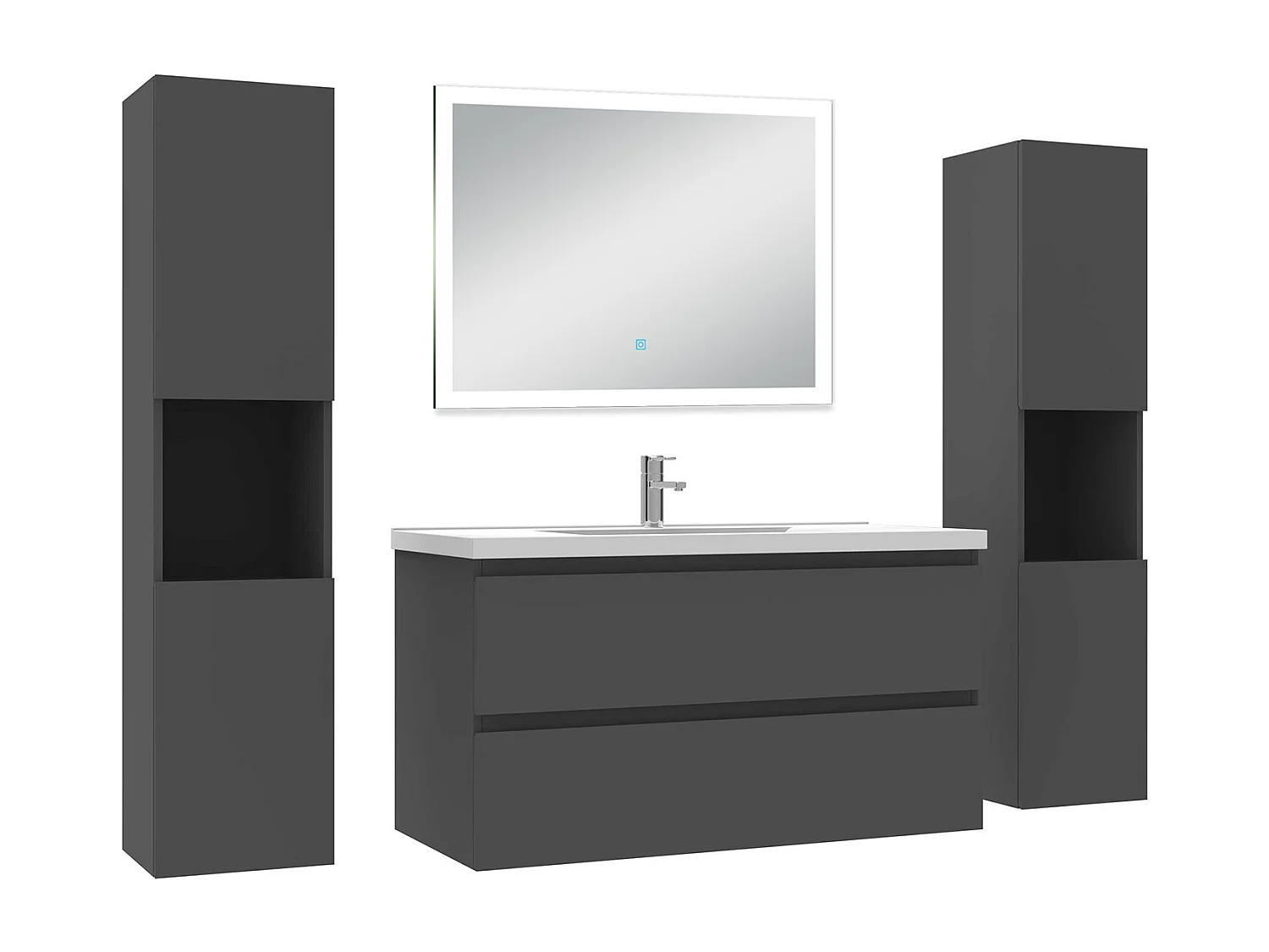 Ensemble meuble Salle de Bain 100cm avec colonne + miroir lumineux dimmable anthracite
