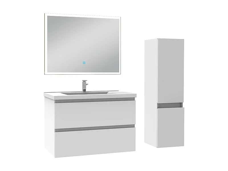 Ensemble meuble Salle de Bain 80cm avec vasque et colonne et miroir lumineux 3 couleurs blanc