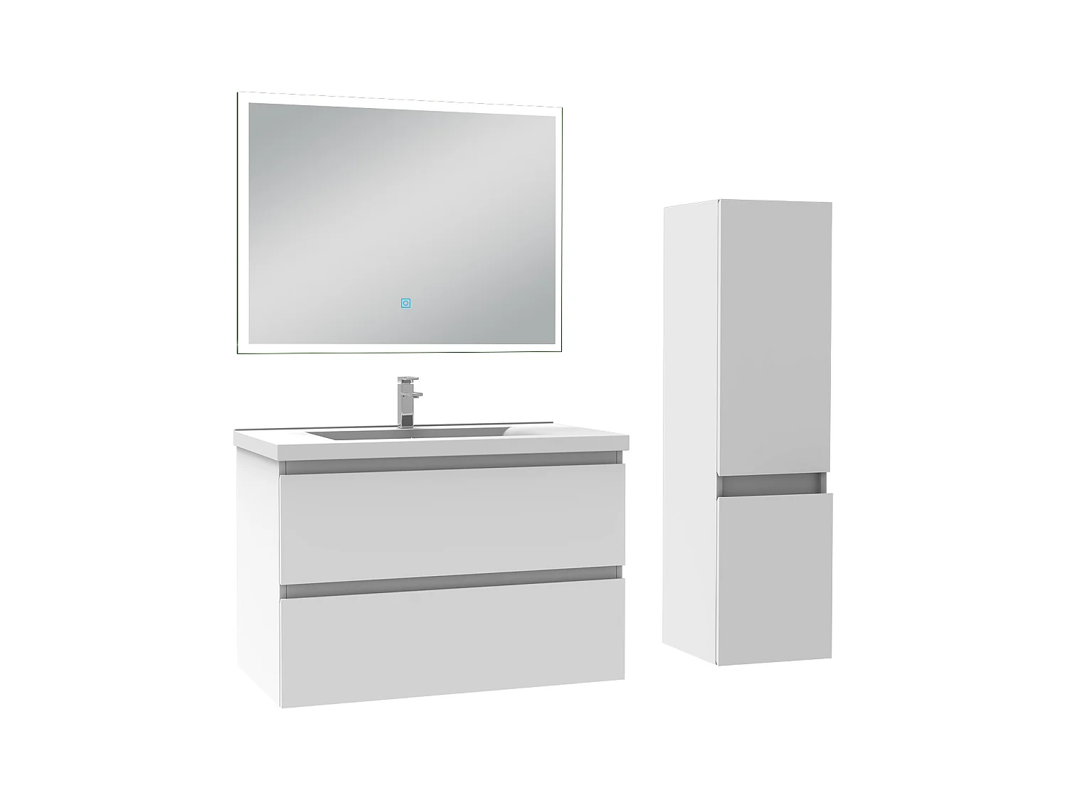 Ensemble meuble Salle de Bain 80cm avec vasque et colonne et miroir lumineux 3 couleurs blanc