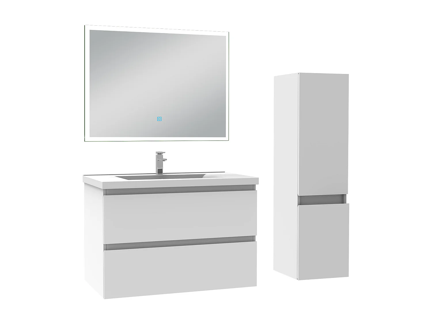 Ensemble meuble Salle de Bain 80cm avec vasque et colonne et miroir lumineux 3 couleurs blanc