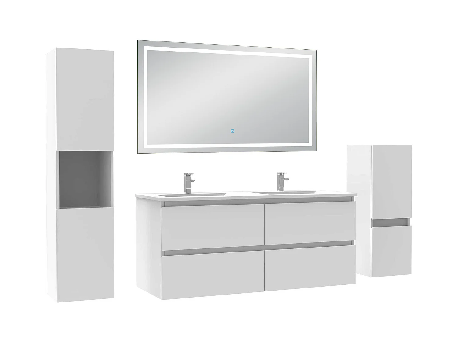 Ensemble meuble salle de Bain 120cm avec colonne et miroir mural lumineux 3 couleurs blanc