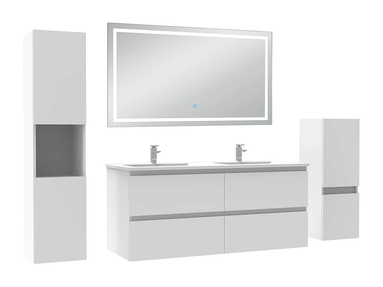 Ensemble meuble salle de Bain 120cm avec colonne et miroir mural lumineux 3 couleurs blanc