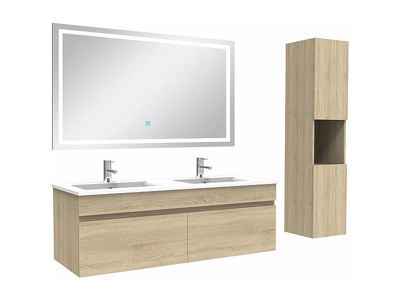 Ensemble meuble salle de Bain 120cm avec colonne + miroir 3 couleurs Chêne Wotan
