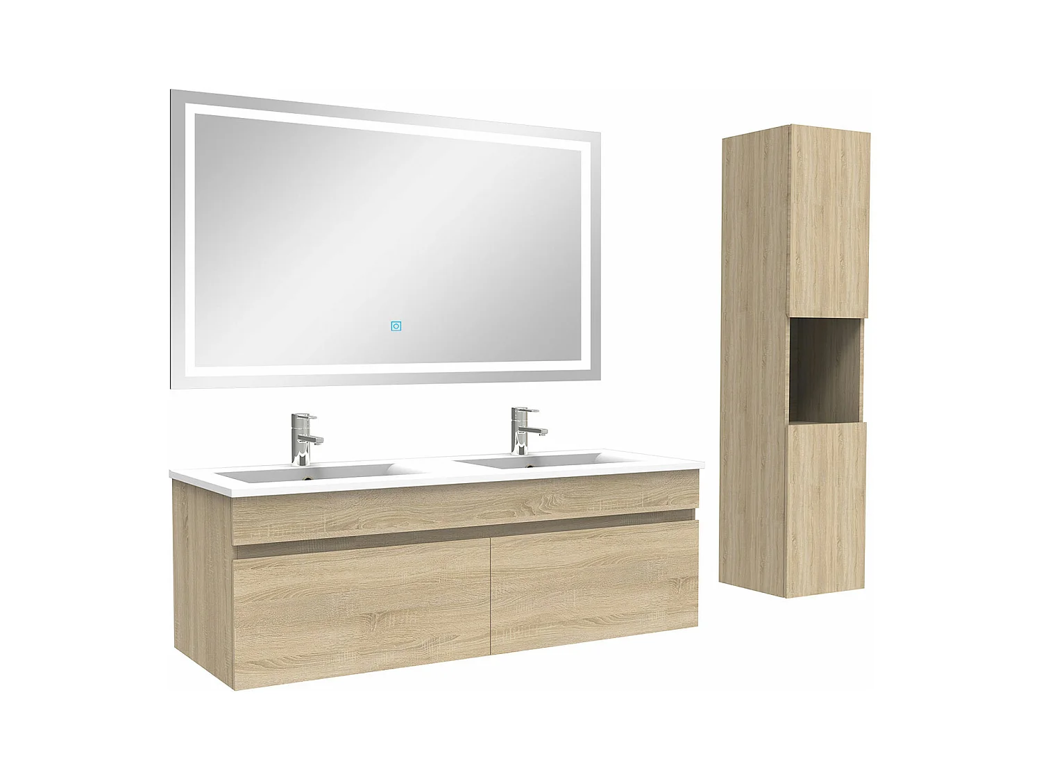 Ensemble meuble salle de Bain 120cm avec colonne + miroir 3 couleurs Chêne Wotan