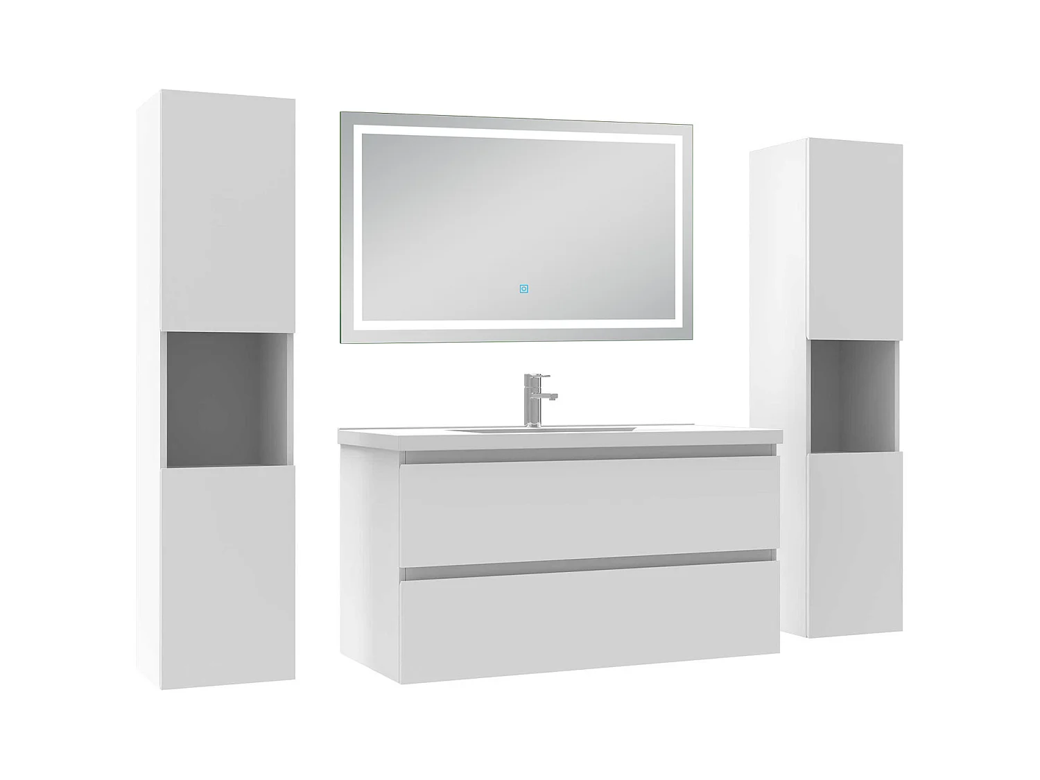 Ensemble meubles Salle de Bain 100cm avec colonne et miroir lumineux 3 couleurs et dimmable blanc