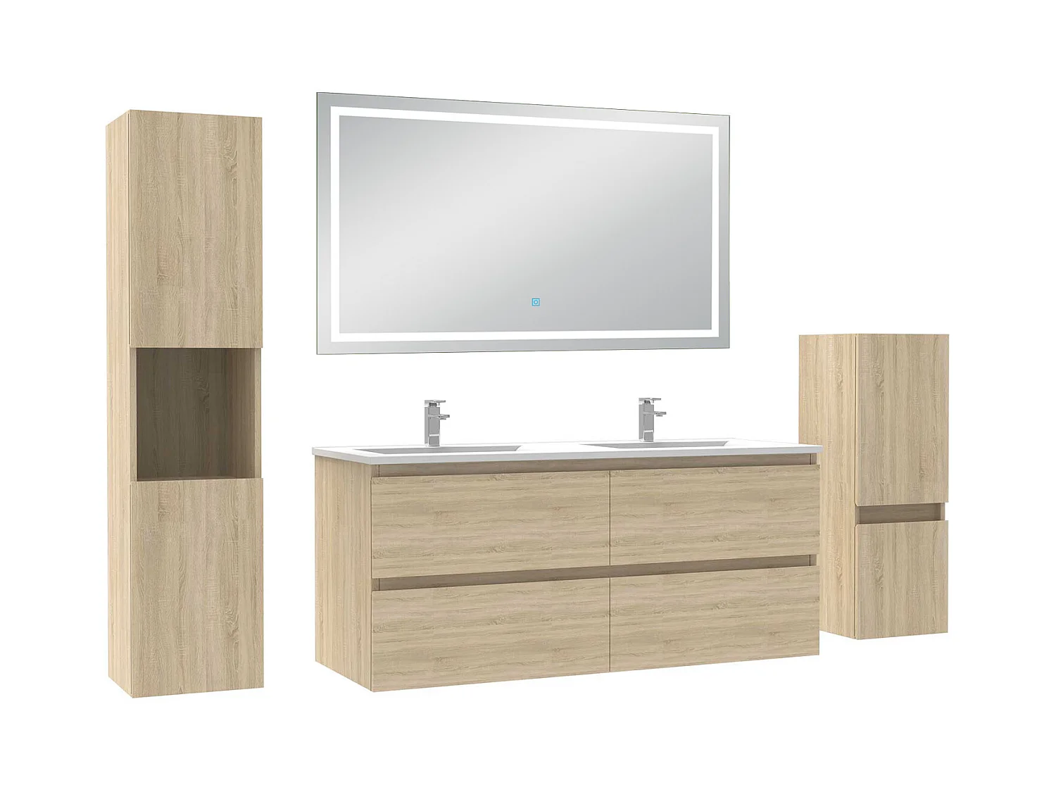 Ensemble meuble salle de Bain 120cm avec colonne et miroir mural lumineux 3 couleurs Chêne Wotan