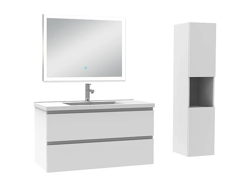 Ensemble meuble Salle de Bain 100cm avec vasque et colonne et miroir lumineux dimmable blanc