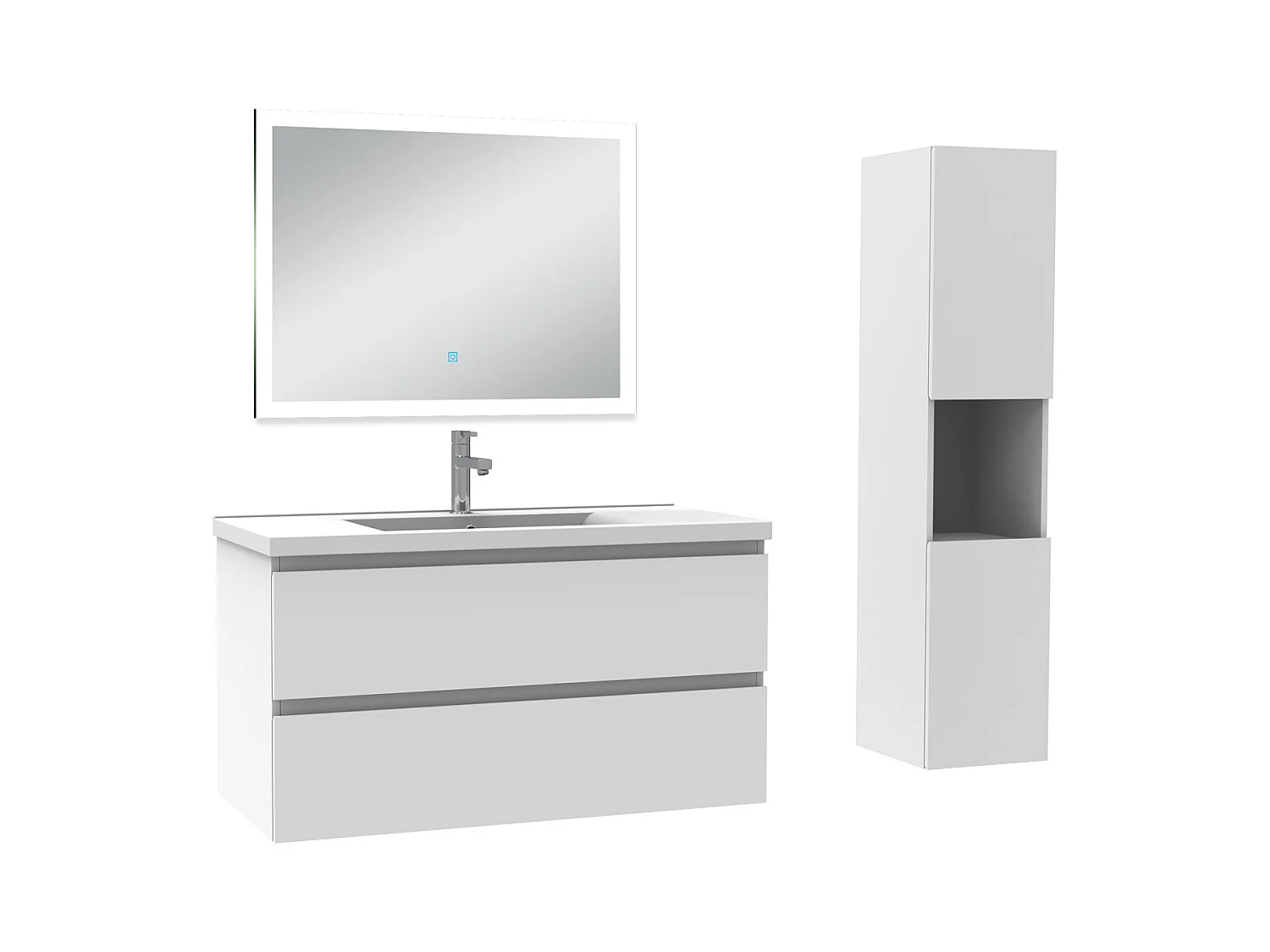 Ensemble meuble Salle de Bain 100cm avec vasque et colonne et miroir lumineux dimmable blanc